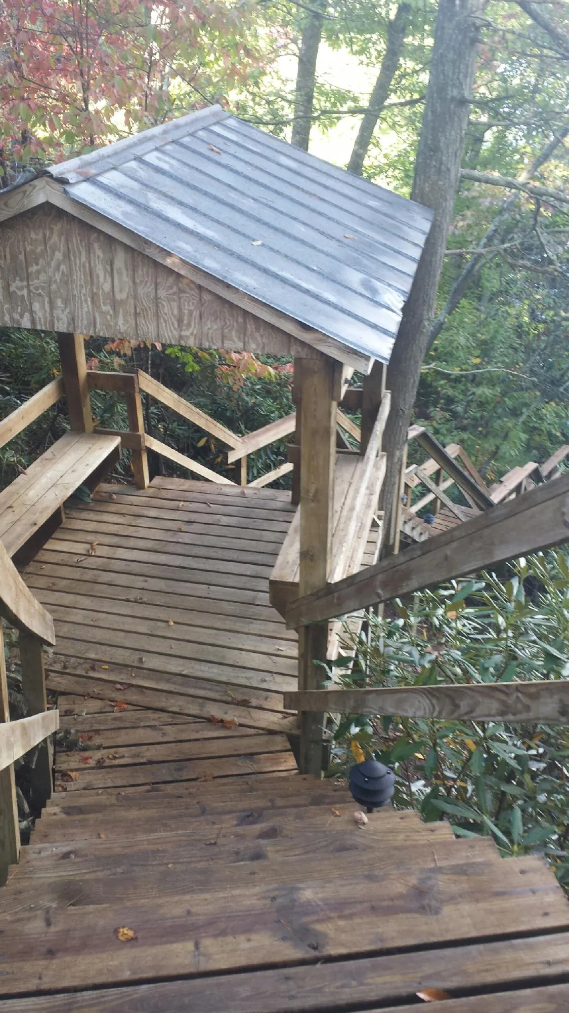 Metal roofed shelter over wooden steps on a wooded walkway — Skylight Repair & Installation work by our crew in Harrellsville